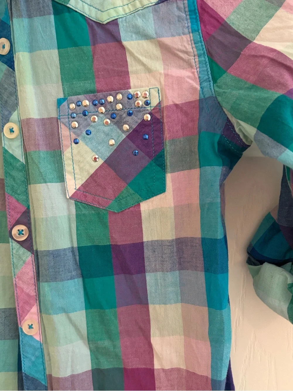 Justice Plaid Button-Down Shirt in Teal, Purple & Pink